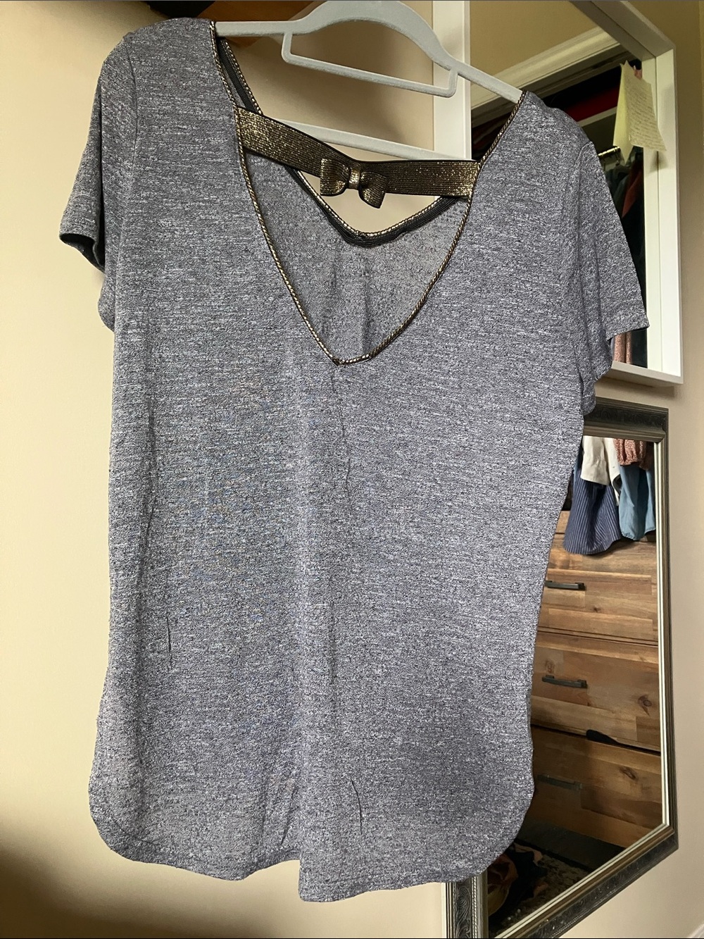 Women's Gray Short Sleeve Tee with Metallic Back Strap